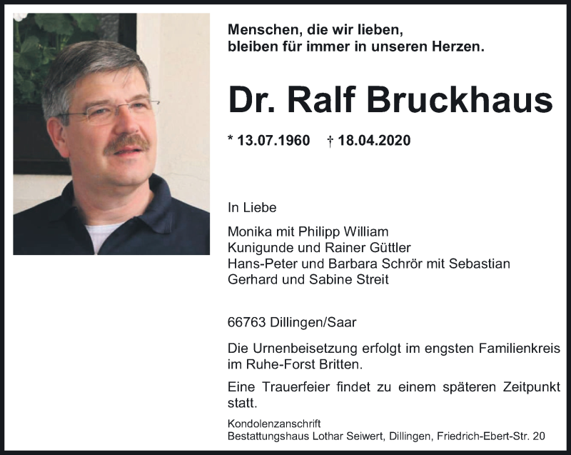  Traueranzeige für Ralf Bruckhaus vom 25.04.2020 aus saarbruecker_zeitung