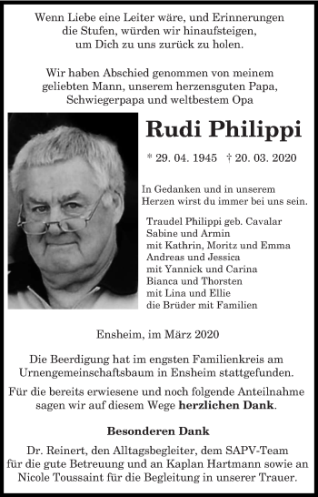 Traueranzeige von Rudi Philippi von saarbruecker_zeitung