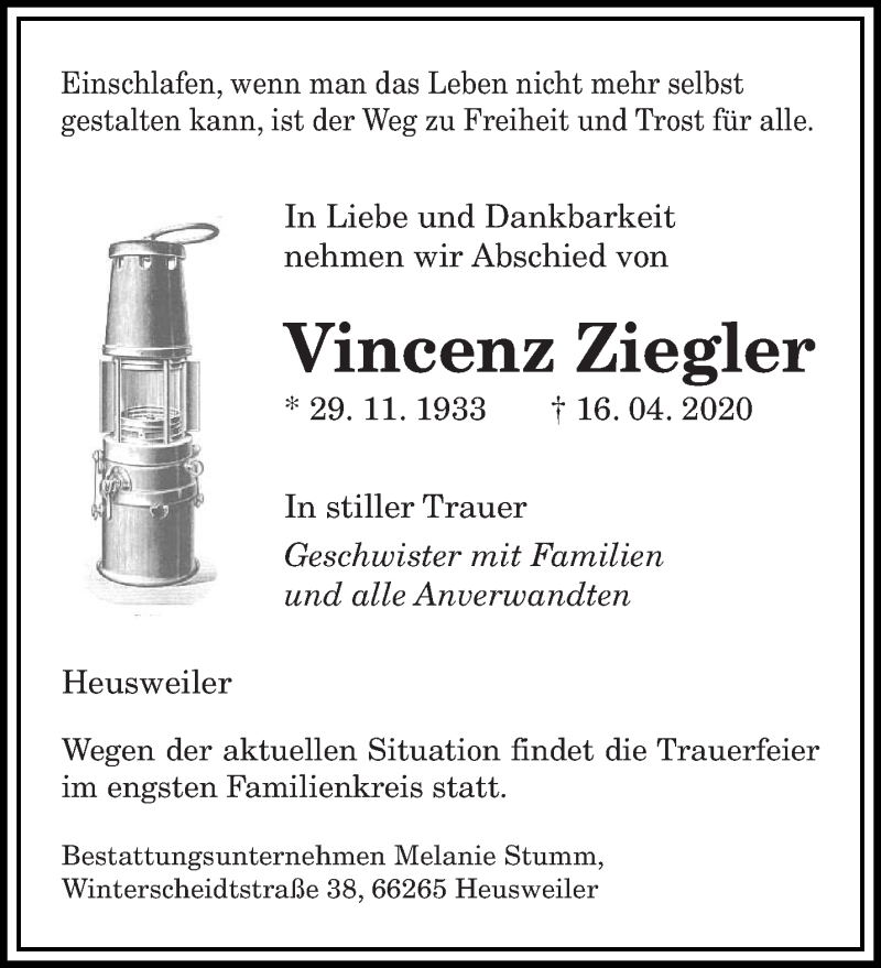  Traueranzeige für Vincenz Ziegler vom 18.04.2020 aus saarbruecker_zeitung