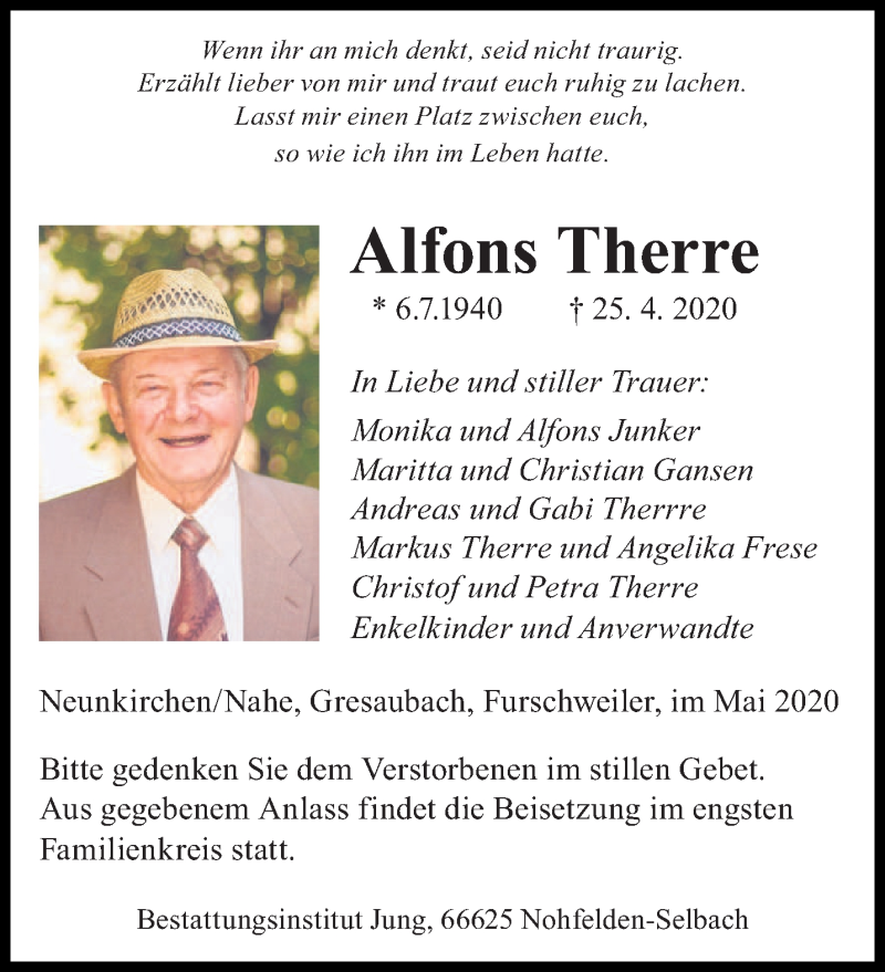  Traueranzeige für Alfons Therre vom 02.05.2020 aus saarbruecker_zeitung