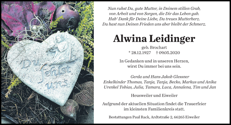  Traueranzeige für Alwina Leidinger vom 23.05.2020 aus saarbruecker_zeitung