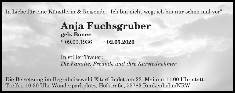  Traueranzeige für Anja Fuchsgruber vom 16.05.2020 aus saarbruecker_zeitung
