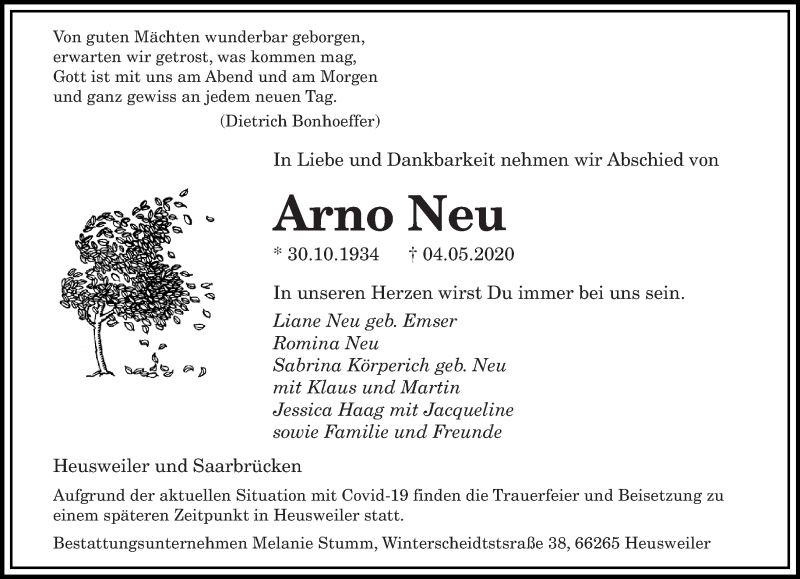  Traueranzeige für Arno Neu vom 09.05.2020 aus saarbruecker_zeitung