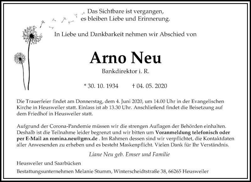  Traueranzeige für Arno Neu vom 27.05.2020 aus saarbruecker_zeitung