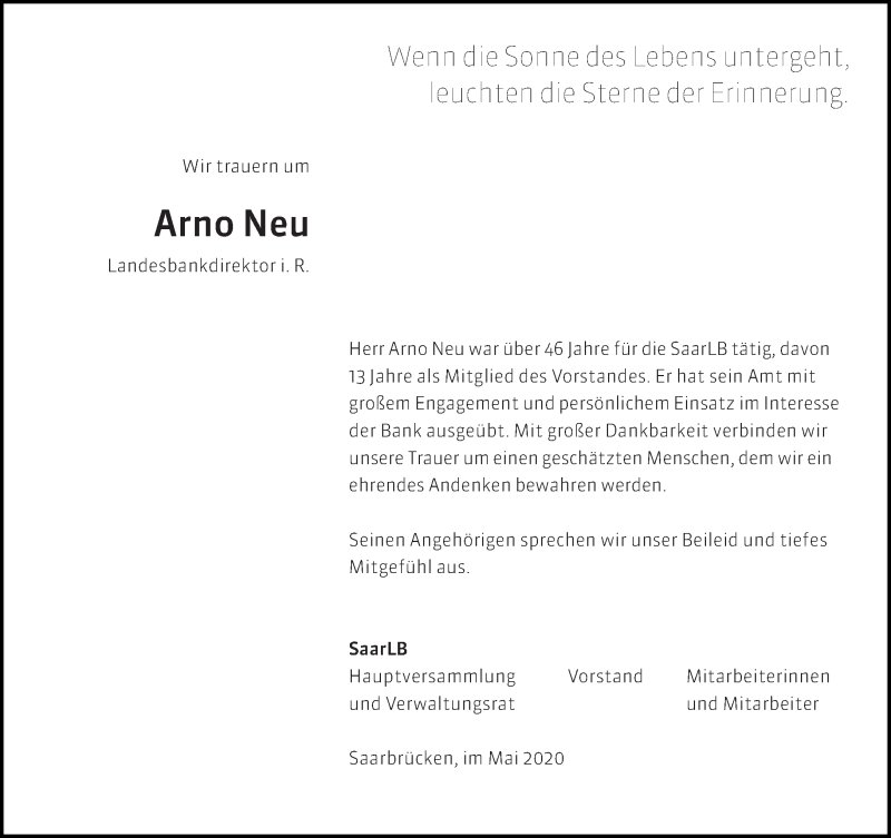  Traueranzeige für Arno Neu vom 09.05.2020 aus saarbruecker_zeitung