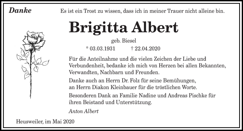  Traueranzeige für Brigitta Albert vom 16.05.2020 aus saarbruecker_zeitung