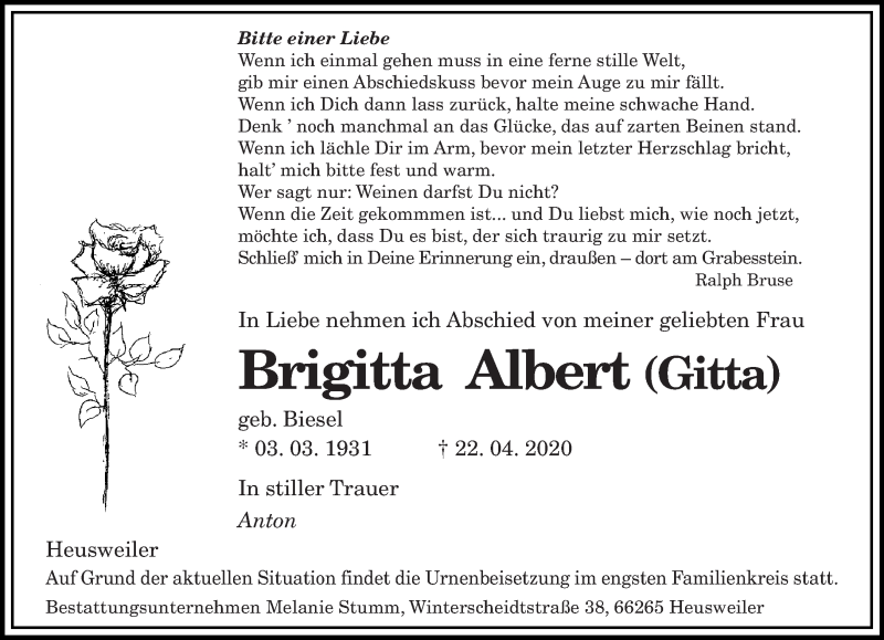  Traueranzeige für Brigitta Albert vom 02.05.2020 aus saarbruecker_zeitung
