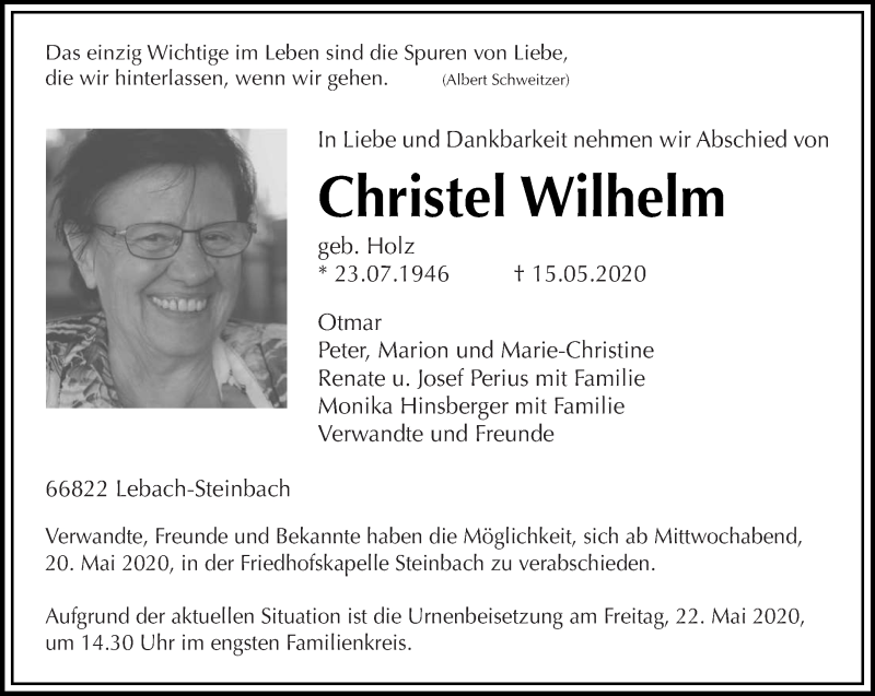  Traueranzeige für Christel Wilhelm vom 20.05.2020 aus saarbruecker_zeitung