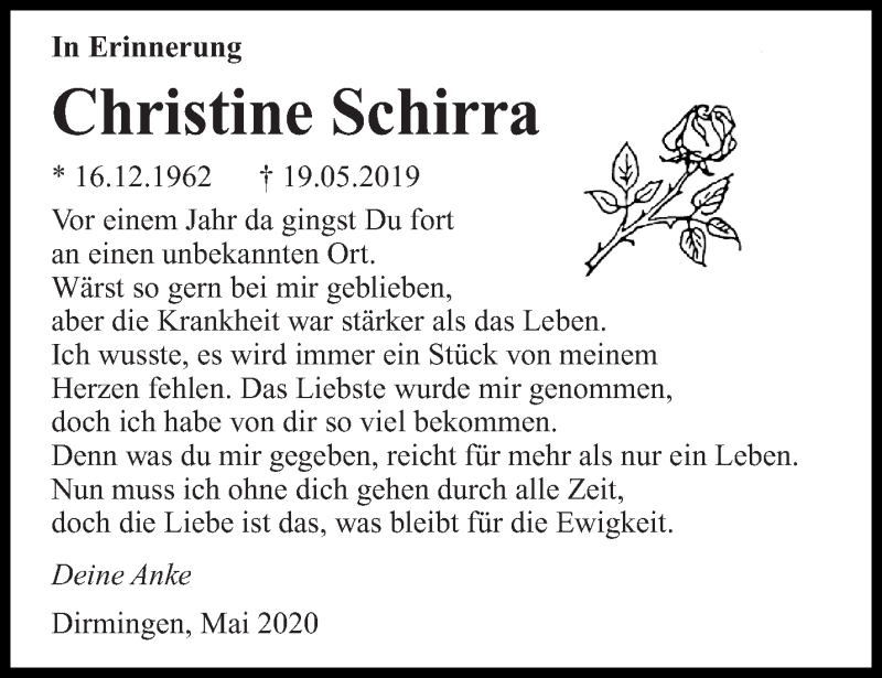  Traueranzeige für Christine Schirra vom 19.05.2020 aus saarbruecker_zeitung