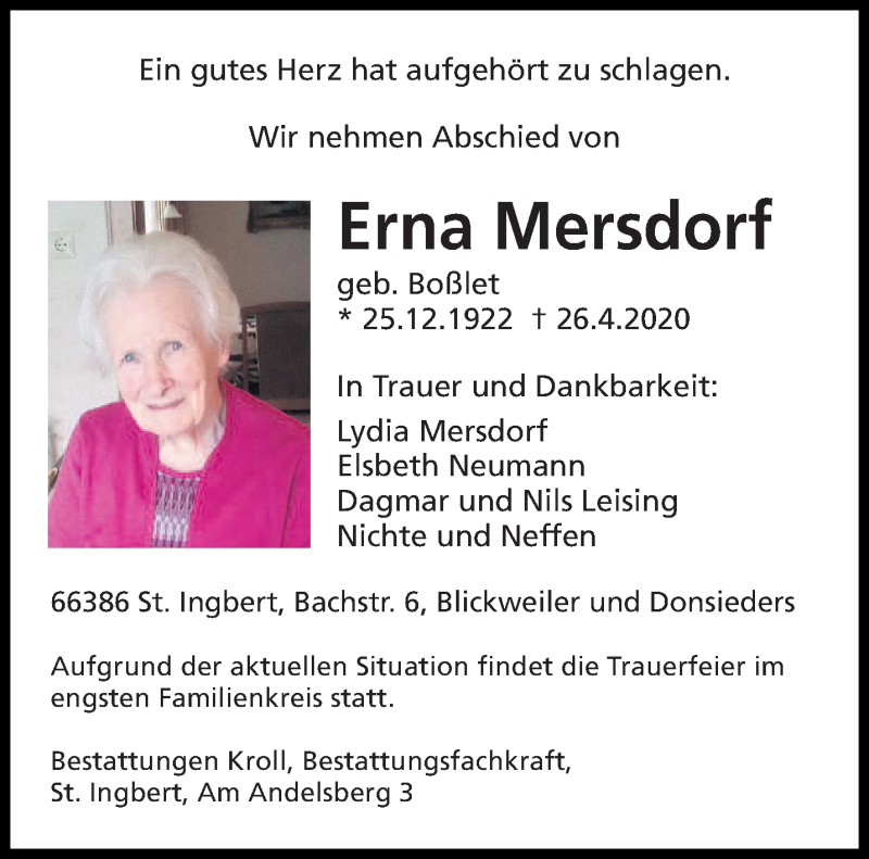 Traueranzeige für Erna Mersdorf vom 06.05.2020 aus saarbruecker_zeitung
