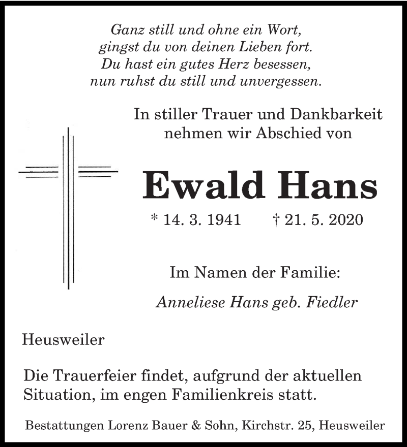  Traueranzeige für Ewald Hans vom 27.05.2020 aus saarbruecker_zeitung