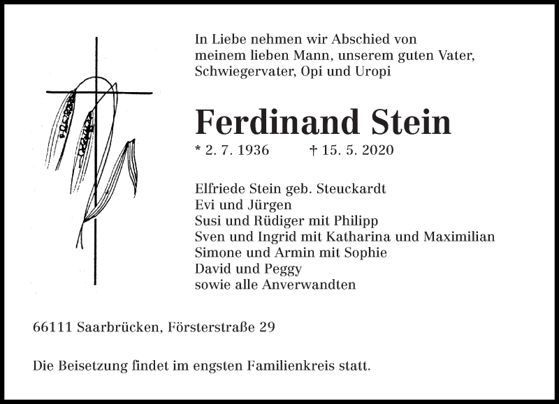  Traueranzeige für Ferdinand Stein vom 23.05.2020 aus saarbruecker_zeitung
