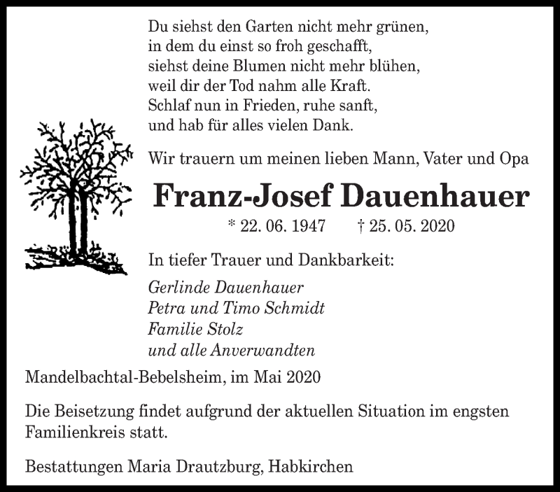  Traueranzeige für Franz-Josef Dauenhauer vom 29.05.2020 aus saarbruecker_zeitung
