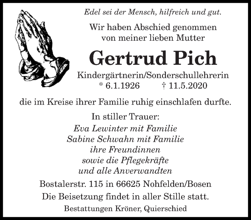  Traueranzeige für Gertrud Pich vom 14.05.2020 aus saarbruecker_zeitung