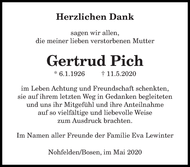  Traueranzeige für Gertrud Pich vom 27.05.2020 aus saarbruecker_zeitung