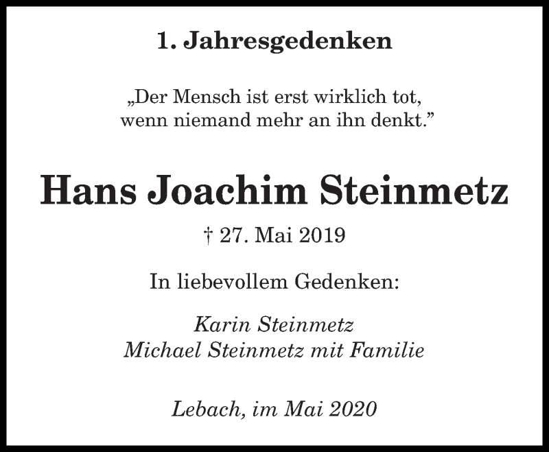  Traueranzeige für Hans Joachim Steinmetz vom 27.05.2020 aus saarbruecker_zeitung