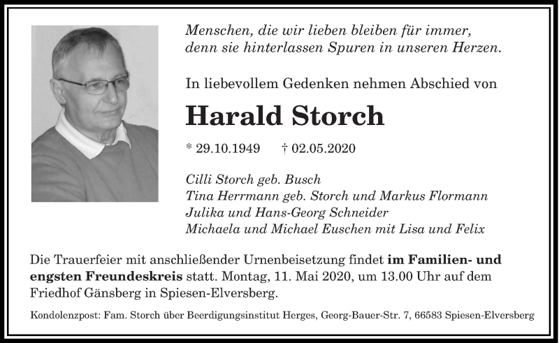 Traueranzeige für Harald Storch vom 09.05.2020 aus saarbruecker_zeitung