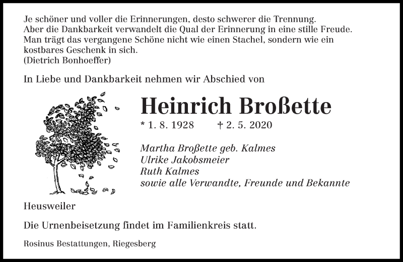  Traueranzeige für Heinrich Broßette vom 25.05.2020 aus saarbruecker_zeitung