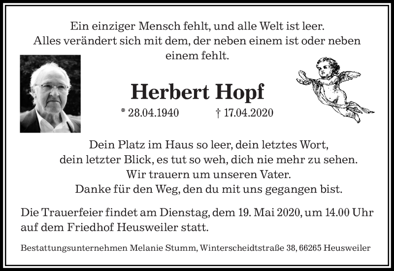  Traueranzeige für Herbert Hopf vom 09.05.2020 aus saarbruecker_zeitung