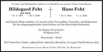 Traueranzeige von Hildegard und Hans Feht von saarbruecker_zeitung
