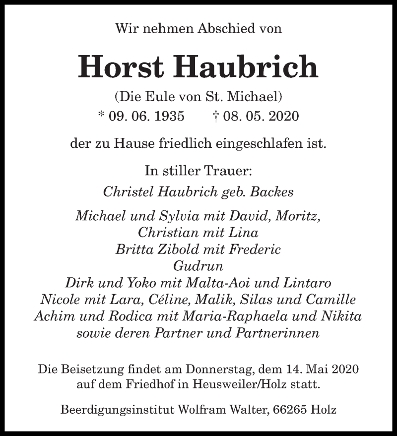  Traueranzeige für Horst Haubrich vom 12.05.2020 aus saarbruecker_zeitung