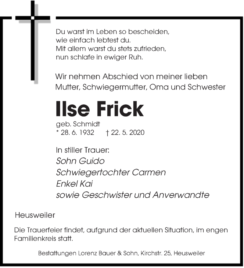 Traueranzeige für Ilse Frick vom 27.05.2020 aus saarbruecker_zeitung