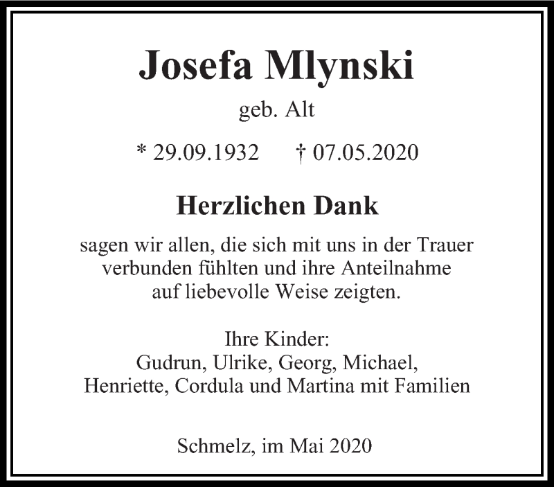  Traueranzeige für Josefa Mlynski vom 30.05.2020 aus saarbruecker_zeitung