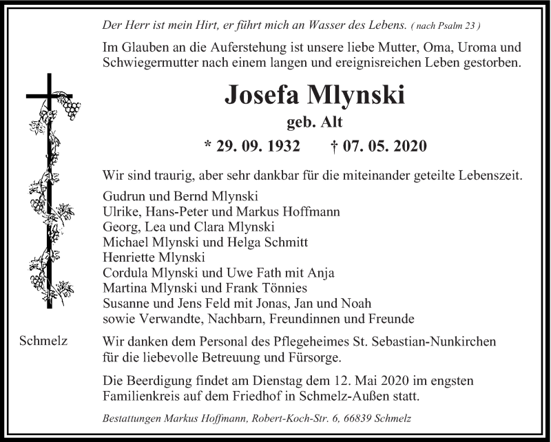  Traueranzeige für Josefa Mlynski vom 11.05.2020 aus saarbruecker_zeitung