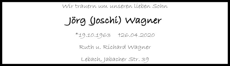  Traueranzeige für Jörg Wagner vom 07.05.2020 aus saarbruecker_zeitung