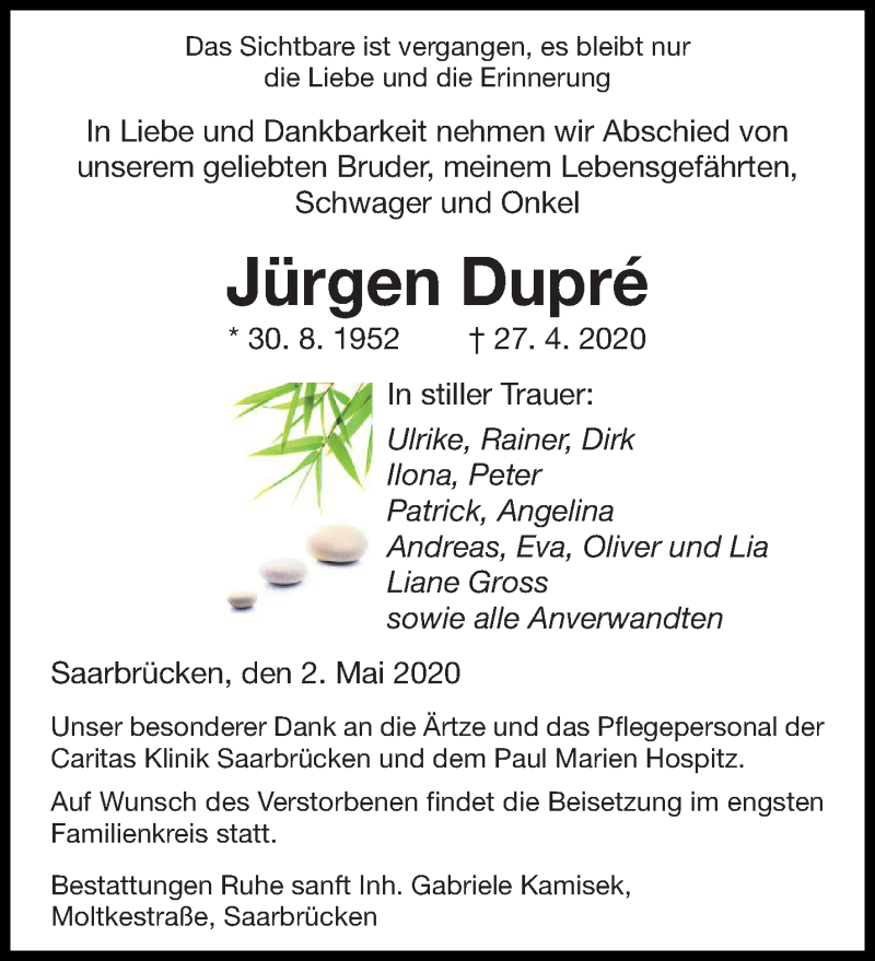  Traueranzeige für Jürgen Dupre vom 02.05.2020 aus saarbruecker_zeitung