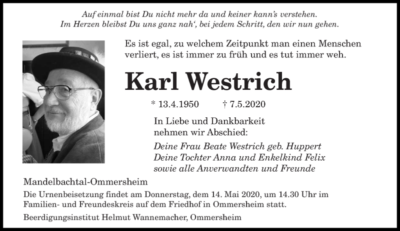  Traueranzeige für Karl Westrich vom 11.05.2020 aus saarbruecker_zeitung