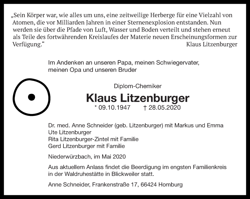  Traueranzeige für Klaus Litzenburger vom 30.05.2020 aus saarbruecker_zeitung