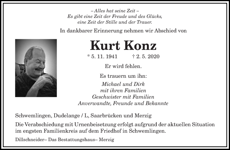  Traueranzeige für Kurt Konz vom 05.05.2020 aus saarbruecker_zeitung
