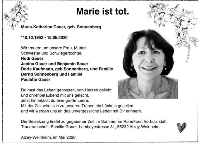  Traueranzeige für Maria-Katharina Gauer vom 20.05.2020 aus saarbruecker_zeitung