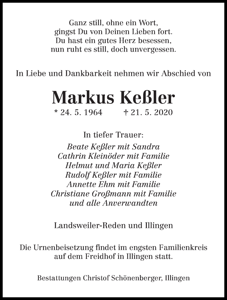  Traueranzeige für Markus Keßler vom 29.05.2020 aus saarbruecker_zeitung