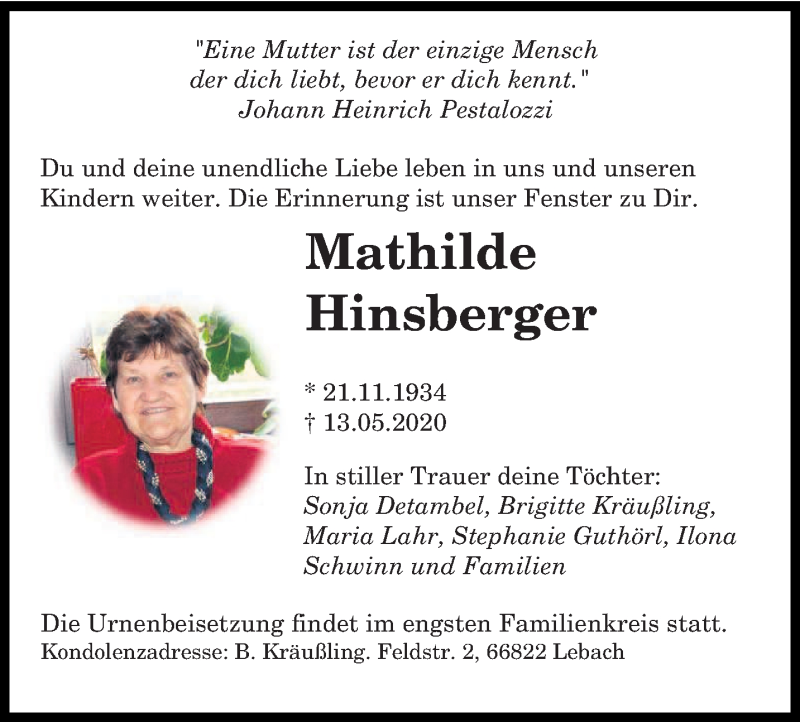  Traueranzeige für Mathilde Hinsberger vom 18.05.2020 aus saarbruecker_zeitung