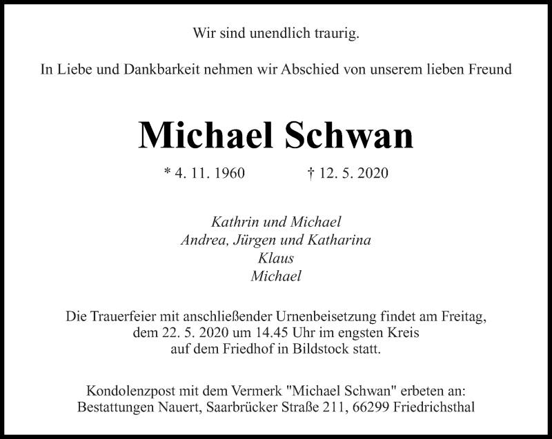  Traueranzeige für Michael Schwan vom 16.05.2020 aus saarbruecker_zeitung