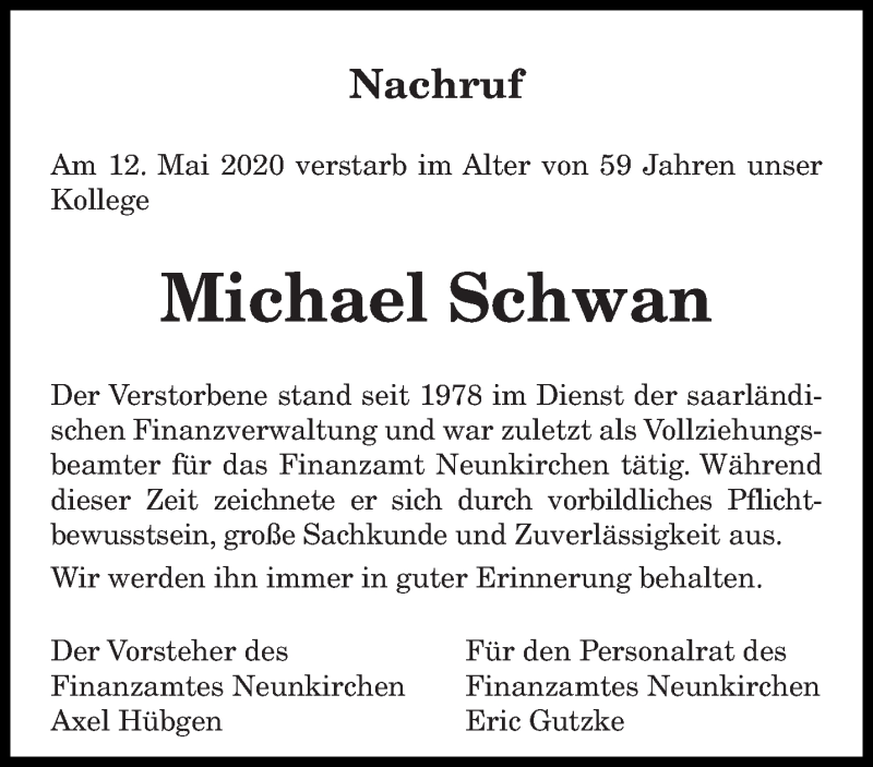  Traueranzeige für Michael Schwan vom 30.05.2020 aus saarbruecker_zeitung