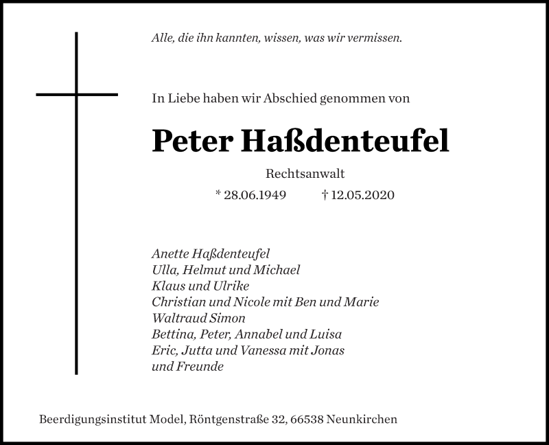  Traueranzeige für Peter Haßdenteufel vom 23.05.2020 aus saarbruecker_zeitung