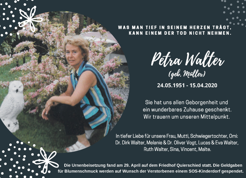  Traueranzeige für Petra Walter vom 02.05.2020 aus saarbruecker_zeitung