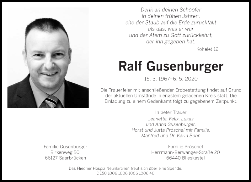  Traueranzeige für Ralf Gusenburger vom 09.05.2020 aus saarbruecker_zeitung
