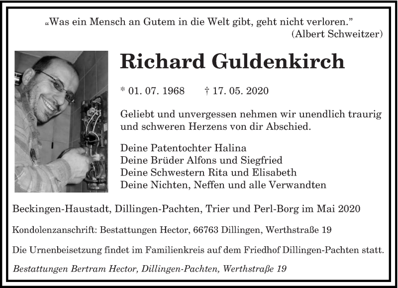  Traueranzeige für Richard Guldenkirch vom 23.05.2020 aus saarbruecker_zeitung
