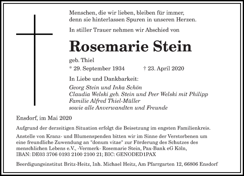  Traueranzeige für Rosemarie Stein vom 18.05.2020 aus saarbruecker_zeitung