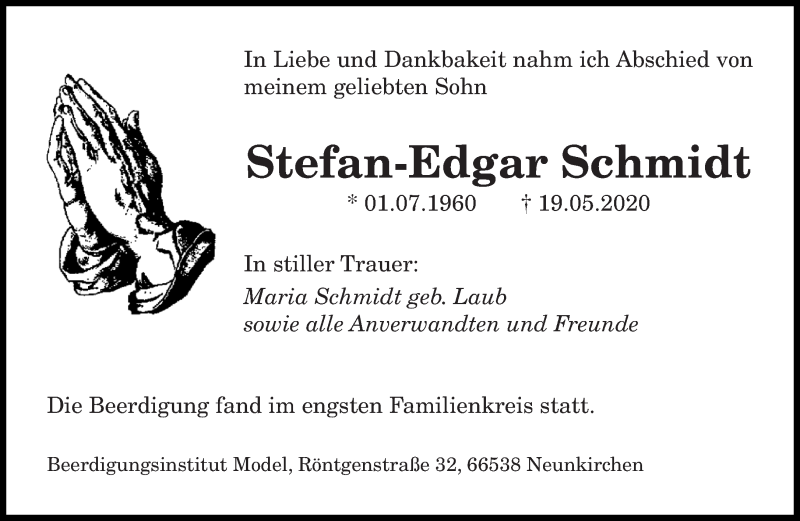  Traueranzeige für Stefan-Edgar Schmidt vom 27.05.2020 aus saarbruecker_zeitung