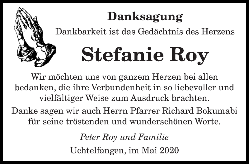 Traueranzeige für Stefanie Roy vom 27.05.2020 aus saarbruecker_zeitung