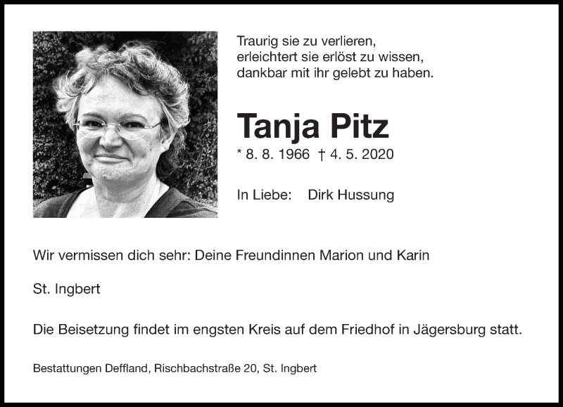  Traueranzeige für Tanja Pitz vom 09.05.2020 aus saarbruecker_zeitung