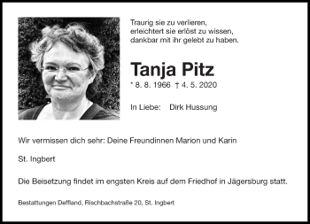 Traueranzeige von Tanja Pitz von saarbruecker_zeitung