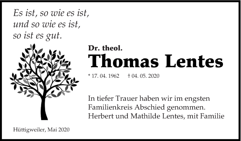  Traueranzeige für Thomas Lentes vom 23.05.2020 aus saarbruecker_zeitung