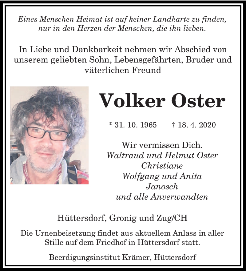 Traueranzeige für Volker Oster vom 02.05.2020 aus saarbruecker_zeitung