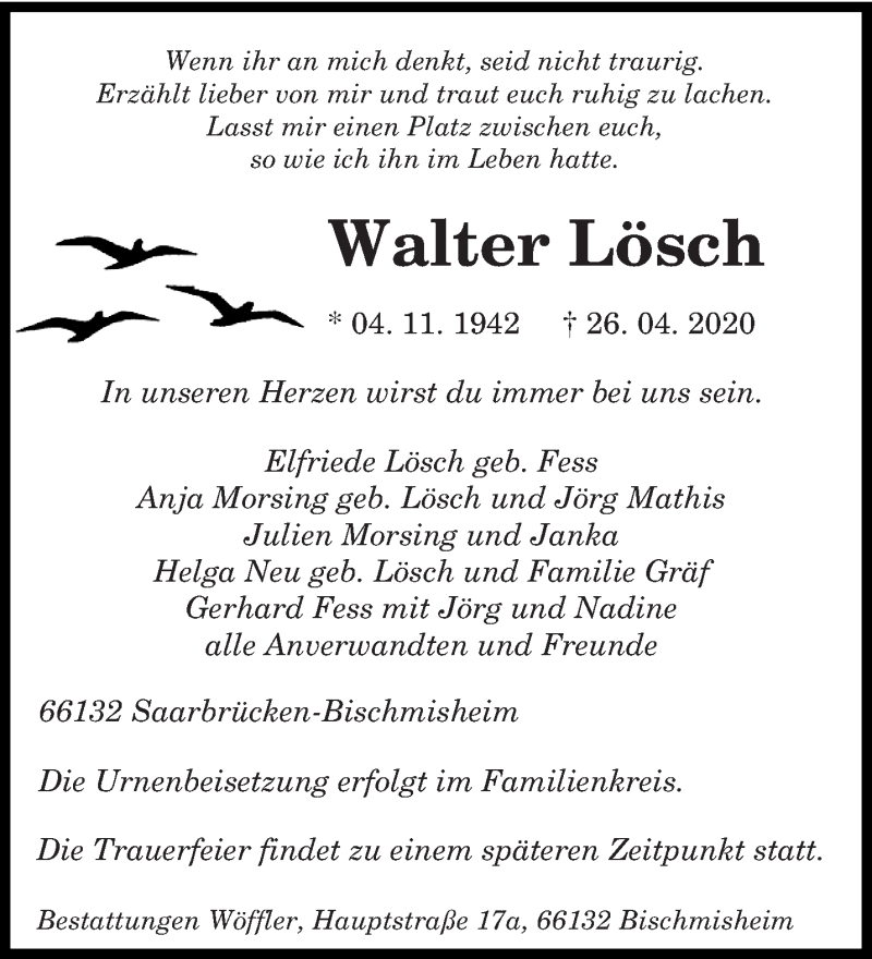  Traueranzeige für Walter Lösch vom 02.05.2020 aus saarbruecker_zeitung